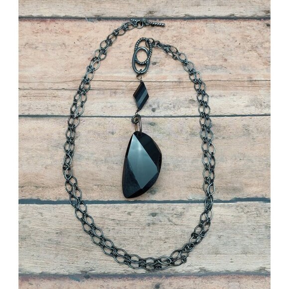 Black Gunmetal Faceted Bead Pendant Convertible Chain Necklace Choker Goth 32" - Picture 8 of 12